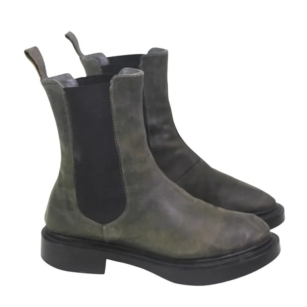 ALL BLACK GRAY REAL LEATHER LOW HEEL ROUND TOE ELASTIC SIDES ANKLE BOOTS Sz 37